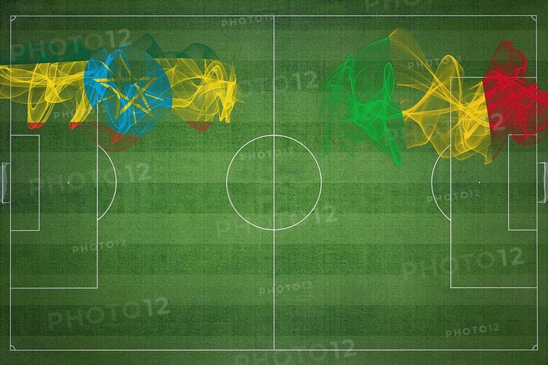 Ethiopia vs Mali Soccer Match, national colors, national flags, soccer field, football game, Competition concept, Copy space