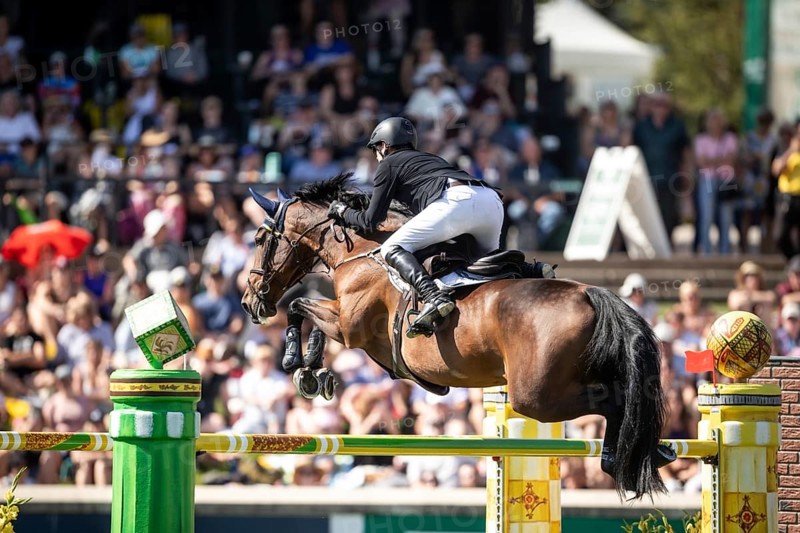 Daniel Coyle of Ireland and riding Legacy compete in the first round of the 1.60m CPKC International during the Spruce Meadows Masters, presented by Rolex, in Calgary, Alberta, Canada, North America