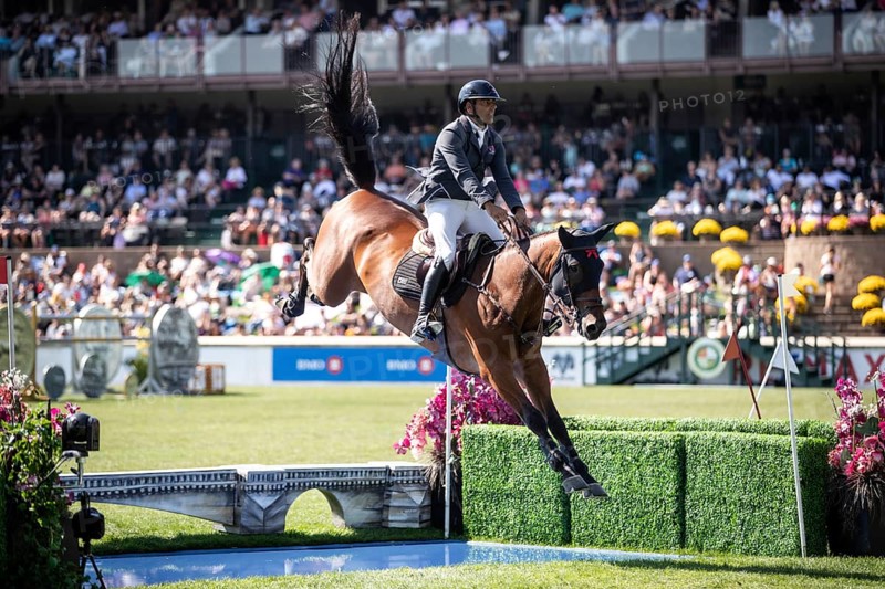 Mariano Martinez Bastida of Spain and riding Jup compete in the first round of the 1.60m CPKC International during the Spruce Meadows Masters, presented by Rolex, in Calgary, Alberta, Canada, North America