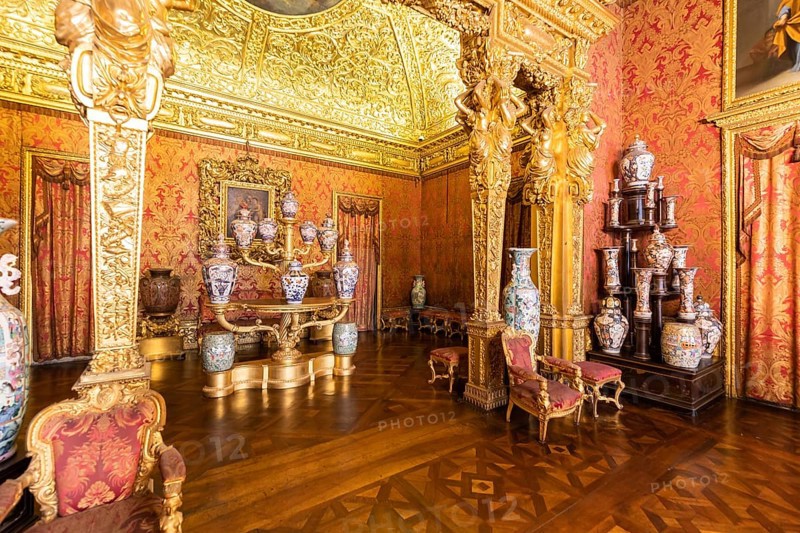 Turin, Italy, April, 2023: Royal Palace Chinese Cheramics Room. Luxury elegant ancient interior, circa 1860, Europe
