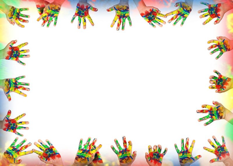 Children's hands painted with colorful paint. Infant border frame