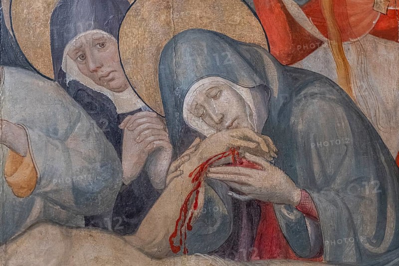 Virgin Mary holding the hand of Jesus, lament over the dead Jesus, Lluc Borrassa, 1430-1434, tempera on wood, Roser Vell church, Majorca, Balearic Islands, Spain, Europe