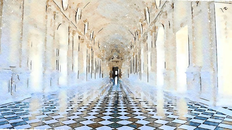 Creative illustration of Reggia di Venaria Reale gallery, Italy. Luxury marbles in baroque Royal Palace