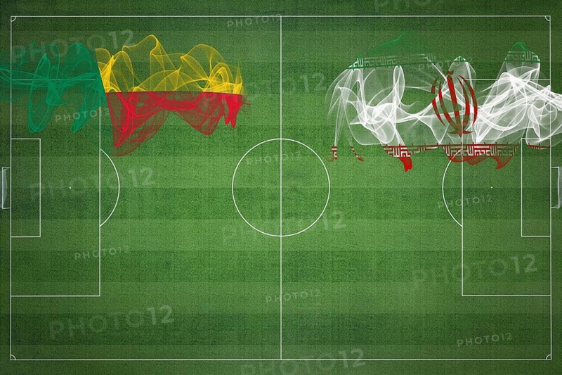 Benin vs Iran Soccer Match, national colors, national flags, soccer field, football game, Competition concept, Copy space
