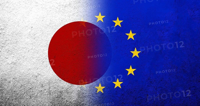 Flag of the European Union with National flag of Japan. Grunge background