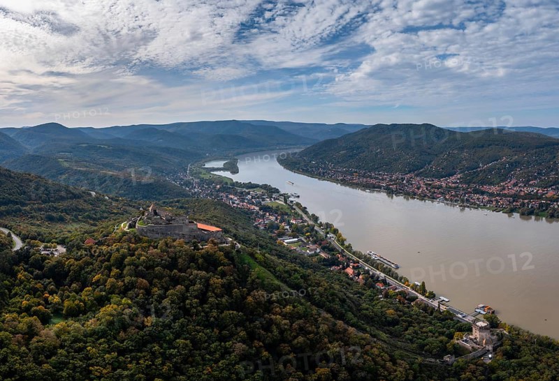 Visegrad, Hungary, 6 October, 2022: landscape view of the Danube Bend in Visegrad with the historic Visegrad Castle on the hilltop, Europe