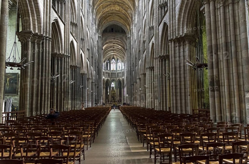 Rouen, France, August 30, 2018: Interior of a catholic temple. Central nave of the Notre-Dame de Rouen Cathedral, Rouen, France, Europe