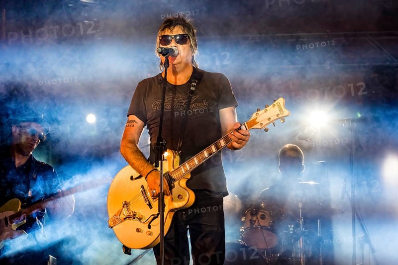 Madrid, Spain, 2022 July, 16: La Frontera rock band playing at the Carmen festivities in Chamberi. Javier Andreu and Tony Marmota western rock band performing in free music festival in Madrid, Europe