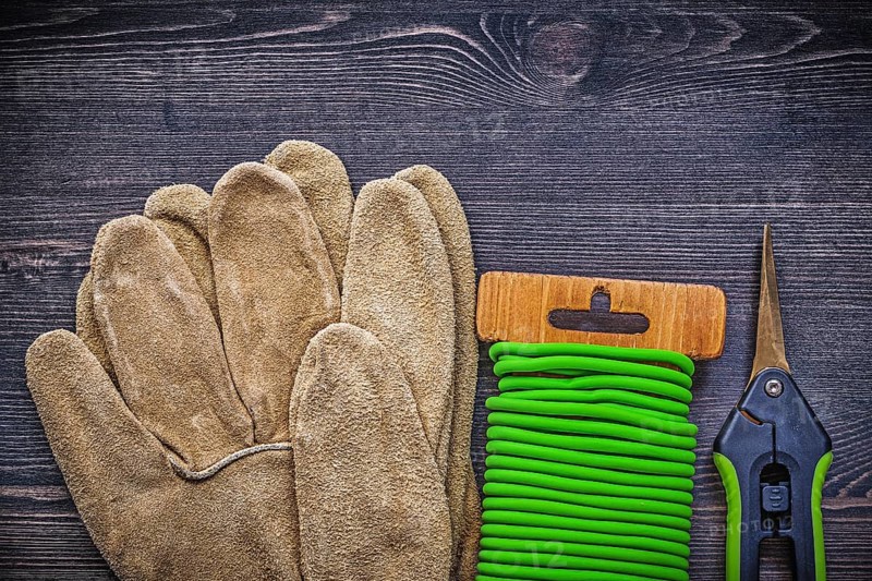 Set of garden shears tie wire safety gloves on vintage wood board gardening concept