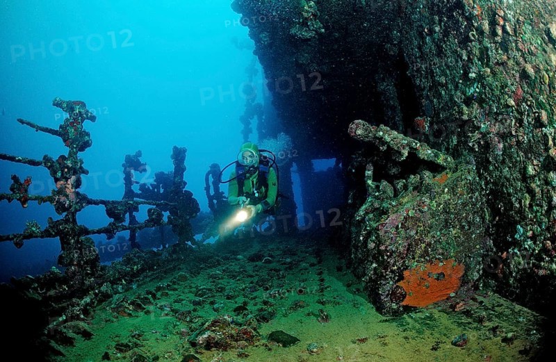 Diver on the Umbria shipwreck, Sudan, Africa, Red Sea, Wingate Reef, Africa