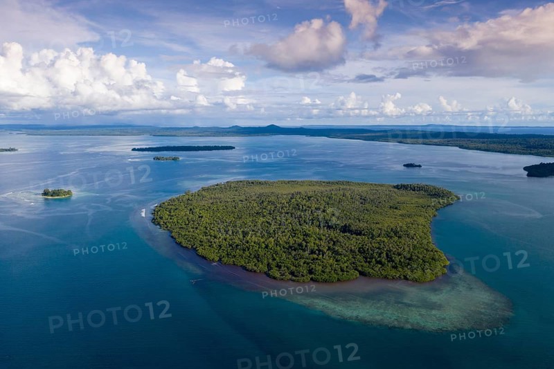 View of the islands of Balgai Bay, New Ireland, Papua New Guinea, Oceania