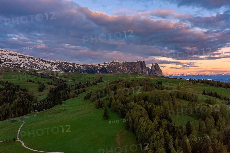Panoramic view from the Seiser Alm to the Dolomites in Italy, drone shot