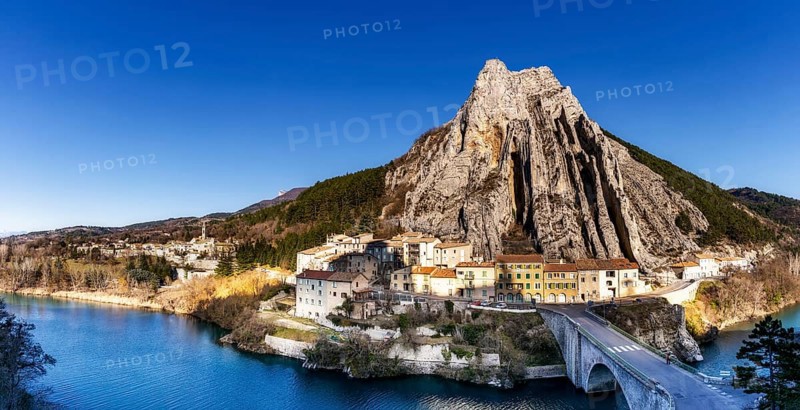 Sisteron, France, 6 March, 2023: panorama view of the village of Sisteron and the Rocher de la Baume cliff, Europe