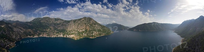 Aerial panorama view of Kotor bay (Boka Kotorska) and mountains in Montenegro
