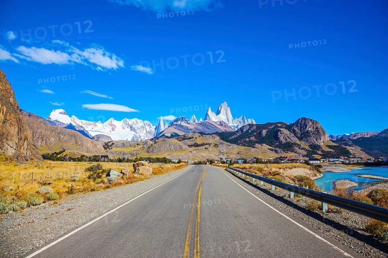 Argentine Patagonia. Excellent asphalt road to the majestic Mount Fitz Roy. Sunny day in February