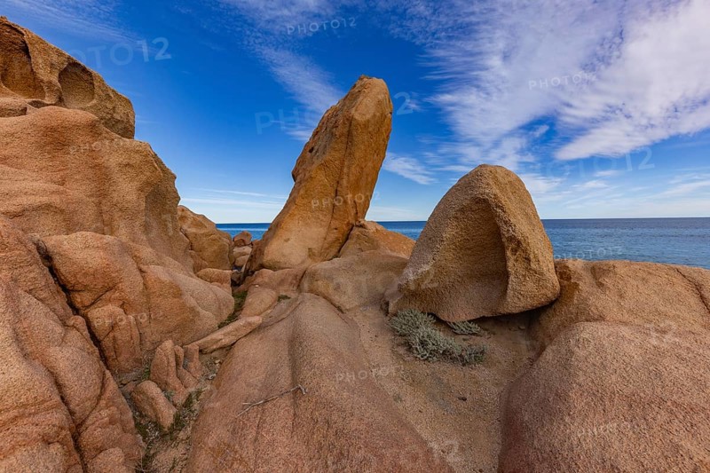 Coastal landscape with bizarre red rocks and sea view, Spiaggia di Cala E'Luas, Ogliastra, Sardinia, Italy, Europe