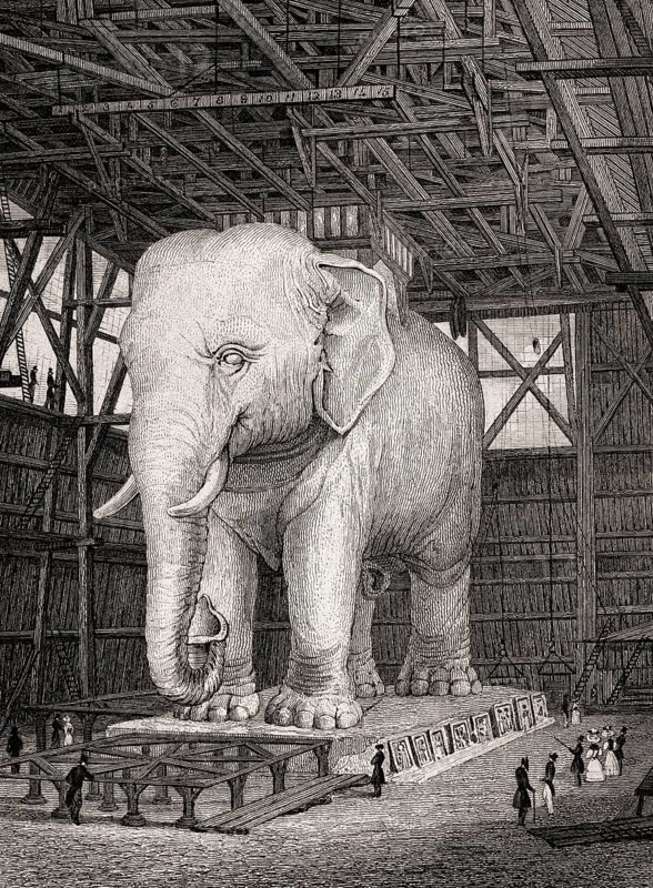 The Elephant of the Bastille, Paris, antique steel engraved print, 1831