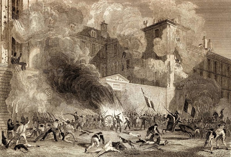 Attack to caserne Babylone of the Swiss Guards, rue de Babylone, Paris, antique steel engraved print, 1831