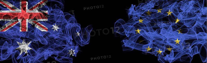 Flags of Australia and the EU on a black background, Australia vs. Europe Union Smoke Flags