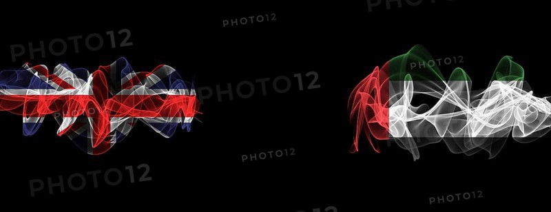 Flags of Union Jack and UAE on Black background, Union Jack vs United Arab Emirates Smoke Flags
