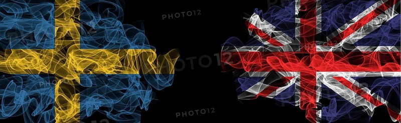 Flags of Sweden and United Kingdom on Black background, Sweden vs United Kingdom Smoke Flags