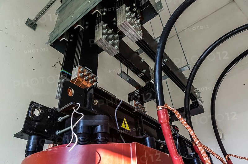 Closeup view on transformer on the site