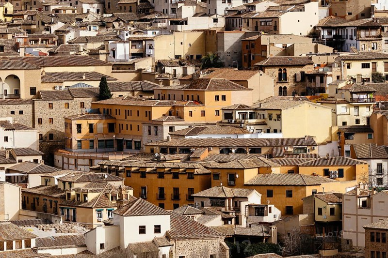 Telephoto lens view of the Old Town of Toledo. Old buildings in the jewish quarter