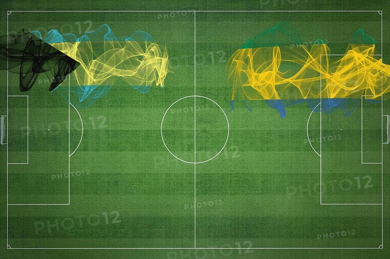Bahamas vs Gabon Soccer Match, national colors, national flags, soccer field, football game, Competition concept, Copy space