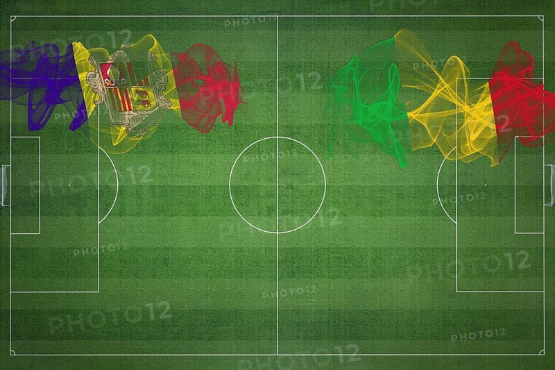 Andorra vs Mali Soccer Match, national colors, national flags, soccer field, football game, Competition concept, Copy space