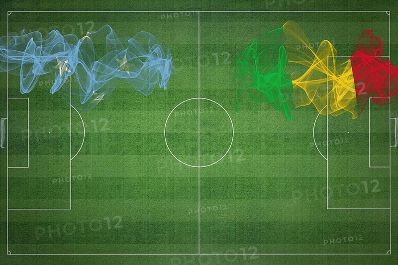Micronesia vs Mali Soccer Match, national colors, national flags, soccer field, football game, Competition concept, Copy space