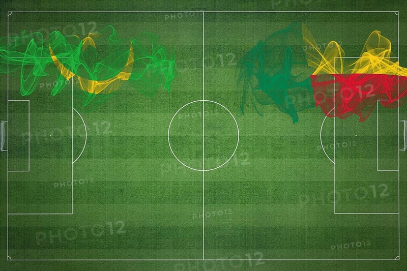 Mauritania vs Benin Soccer Match, national colors, national flags, soccer field, football game, Competition concept, Copy space