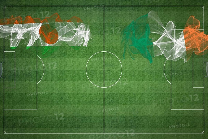 Niger vs Ireland Soccer Match, national colors, national flags, soccer field, football game, Competition concept, Copy space