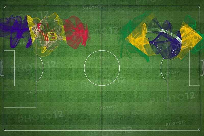 Andorra vs Brazil Soccer Match, national colors, national flags, soccer field, football game, Competition concept, Copy space