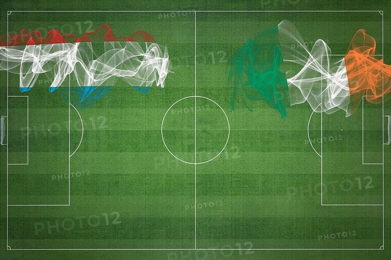 Luxembourg vs Ireland Soccer Match, national colors, national flags, soccer field, football game, Competition concept, Copy space