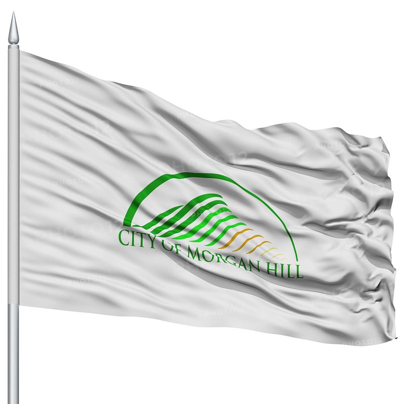 Morgan Hill City Flag on Flagpole, California State, Flying in the Wind, Isolated on White Background