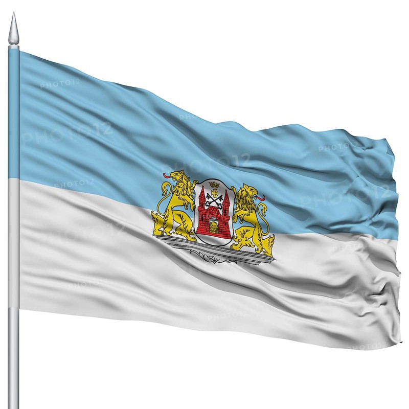 Riga City Flag on Flagpole, Capital City of Latvia, Flying in the Wind, Isolated on White Background