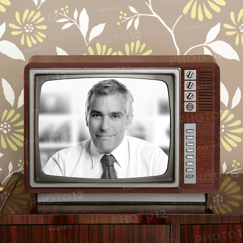Senior tv presenter in retro wood television vintage wallpaper