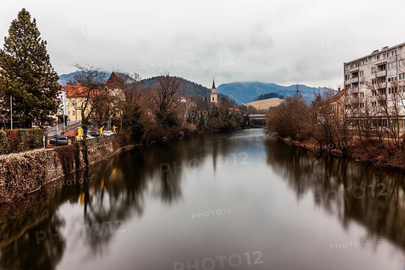 View of the river Mur, long exposure, Leoben, Styria, Austria, Europe