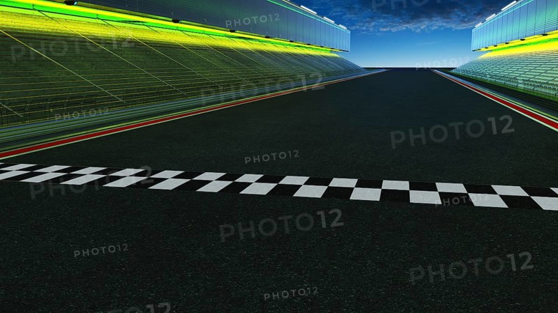 View of the infinity empty asphalt international race track with start and finish line, evening scene . 3d rendering