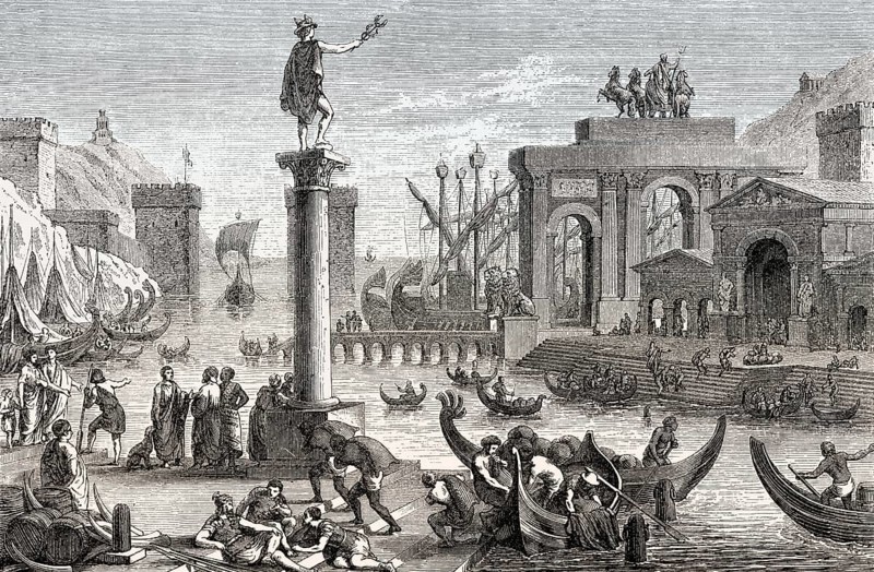 A reconstructed harbour city of ancient Rome