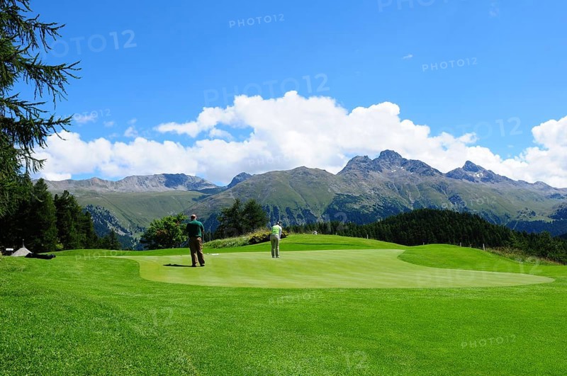 Wonderfull panoramic view from the Kulm golf-course in St. Moritz in the swiss alps