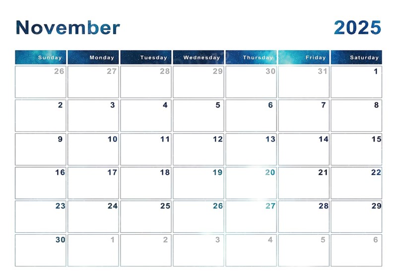 November 2025 calendar, week start Sunday, modern design