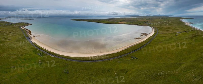 A panorama view of the southern Mullet Peninsula in County Mayo in western Ireland with Elly Bay Beach
