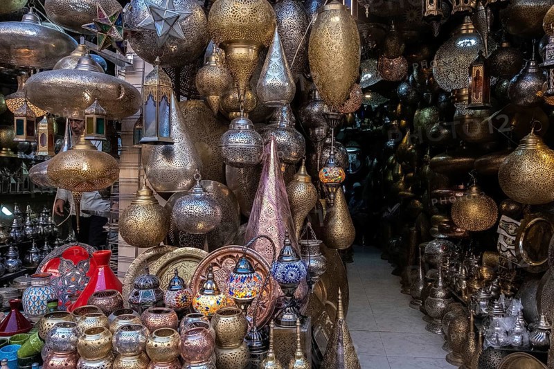 Chandelier shop in the Jemaa el-Fnaa square a shop of typical and tribal objects in the Jemaa el-Fnaa square in Marrakesh Morocco