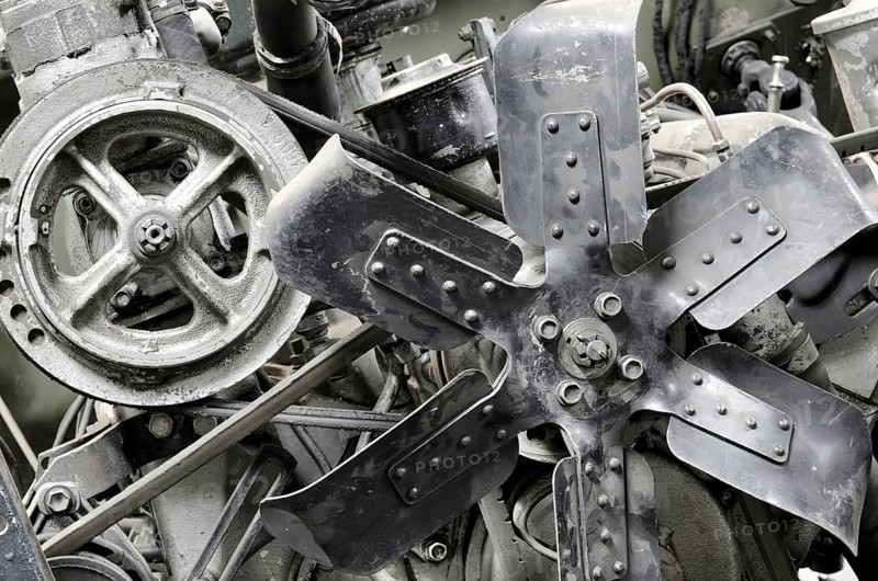 An old outdated engine - a radiator fan, closeup