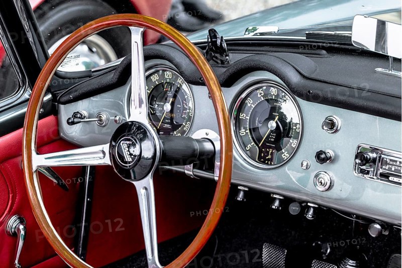 Vintage car Lancia Aurelia Convertible B24-S, year of construction 1958, 2451 ccm, 118 hp, 150 km/h, close-up of the dashboard with steering wheel
