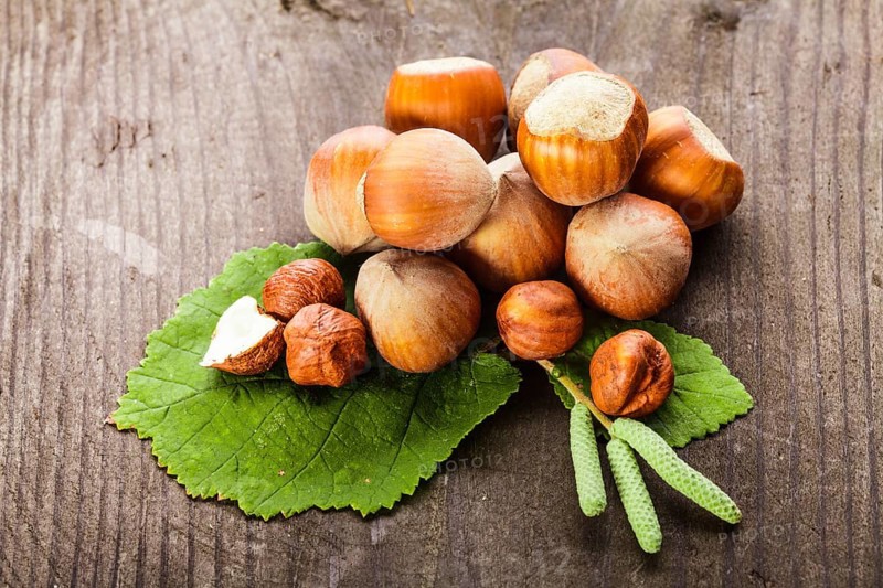 Hazelnuts with shell and green leaf on the wooden table
