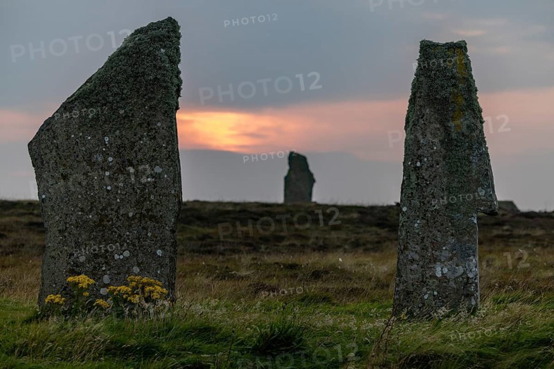 Sunset, Ring of Brodgar, stone circle and moat, Neolithic monument, UNESCO World Heritage Site, Mainland, Orkney Island, Scotland, Great Britain