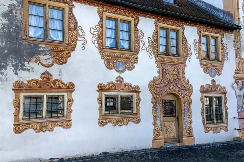 Detail of a painted building of the town wall in Klosterhofstraße, Rot an der Rot, Swabia, Baden-Württemberg, Germany, Europe