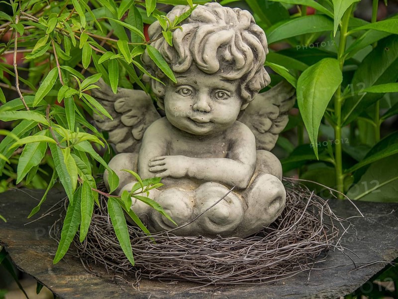 Angel statue in a nest of twigs, surrounded by green leaves in the garden, borken, münsterland, germany